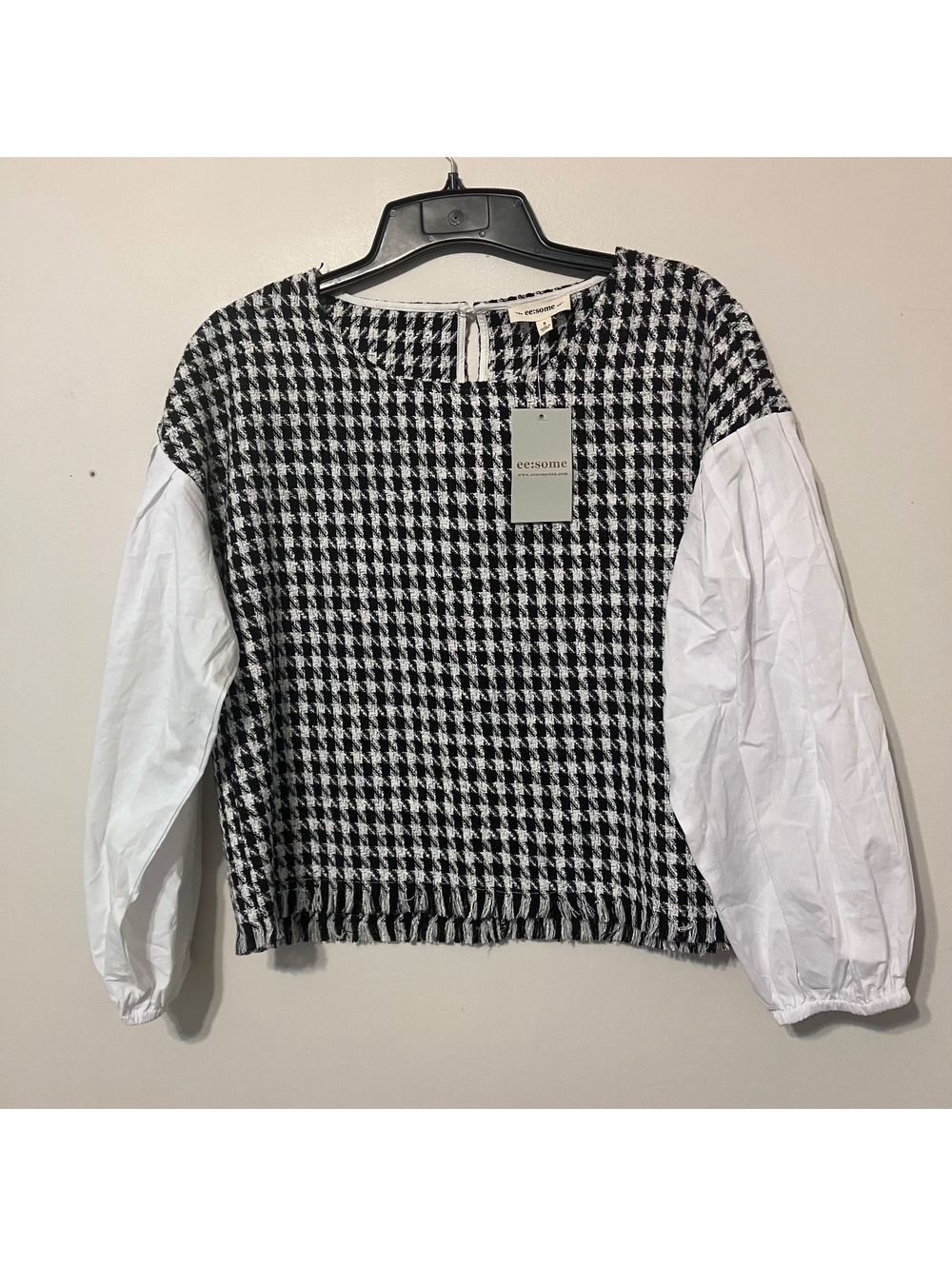 EE:Some Women's Preppy Houndstooth Oversized Pullover Balloon Sleeve Small-New